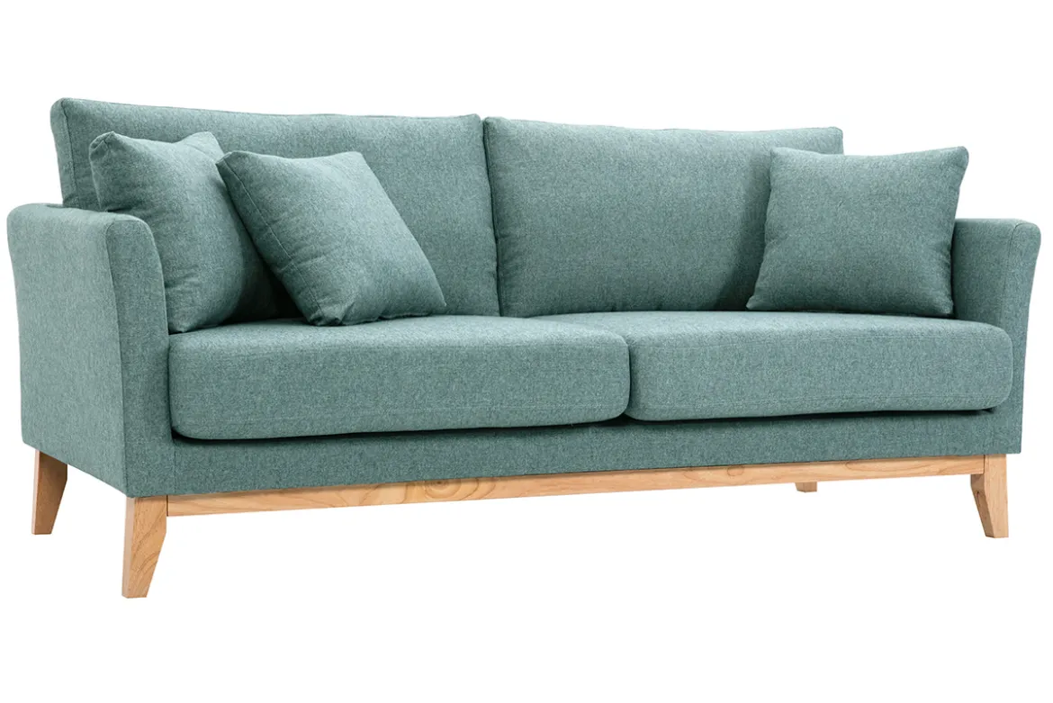 Canapé scandinave déhoussable 3 places en tissu vert de gris et bois clair OSLO