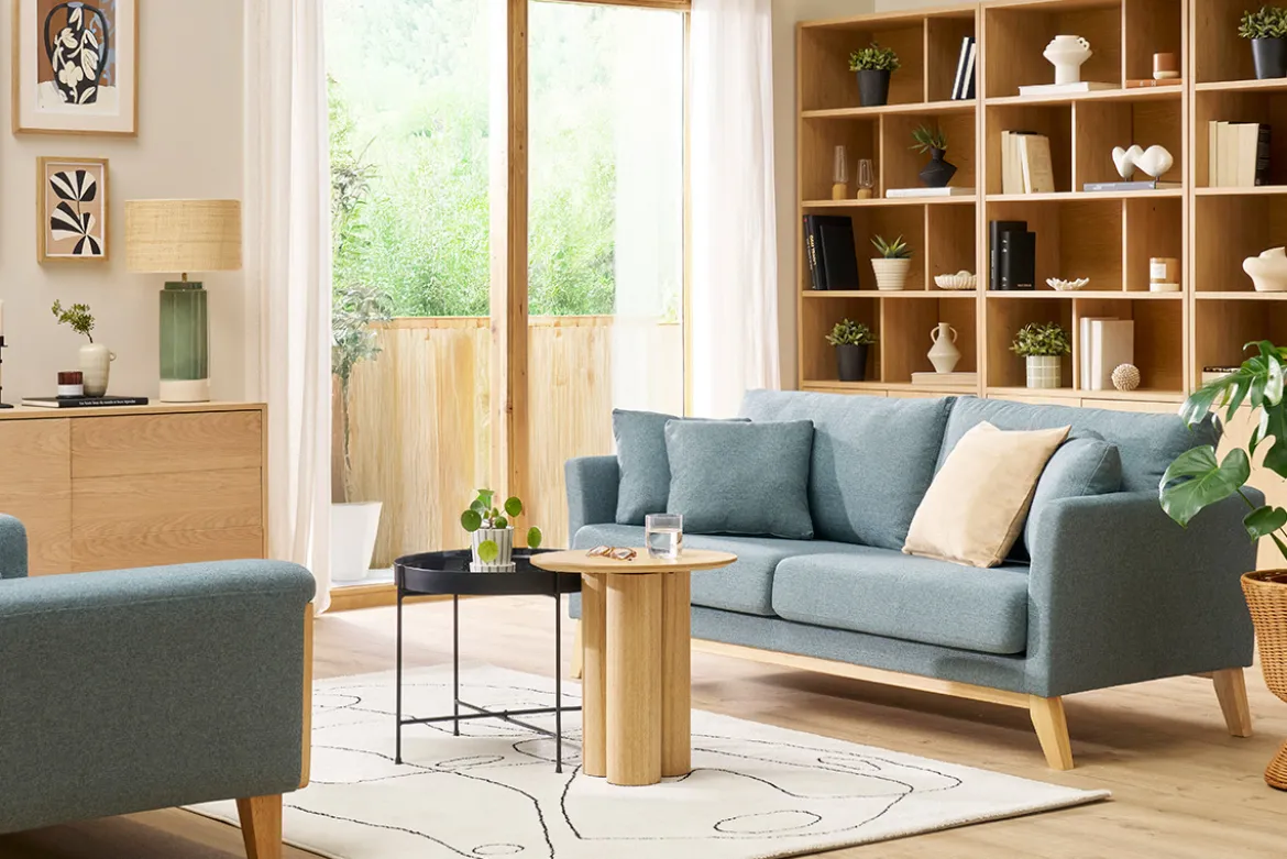 Canapé scandinave déhoussable 3 places en tissu vert de gris et bois clair OSLO