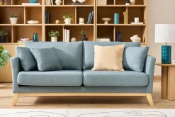 Canapé scandinave déhoussable 3 places en tissu vert de gris et bois clair OSLO