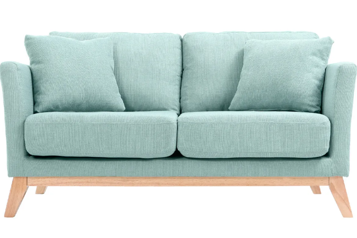 Canapé scandinave déhoussable 2 places en tissu vert lagon et bois clair OSLO