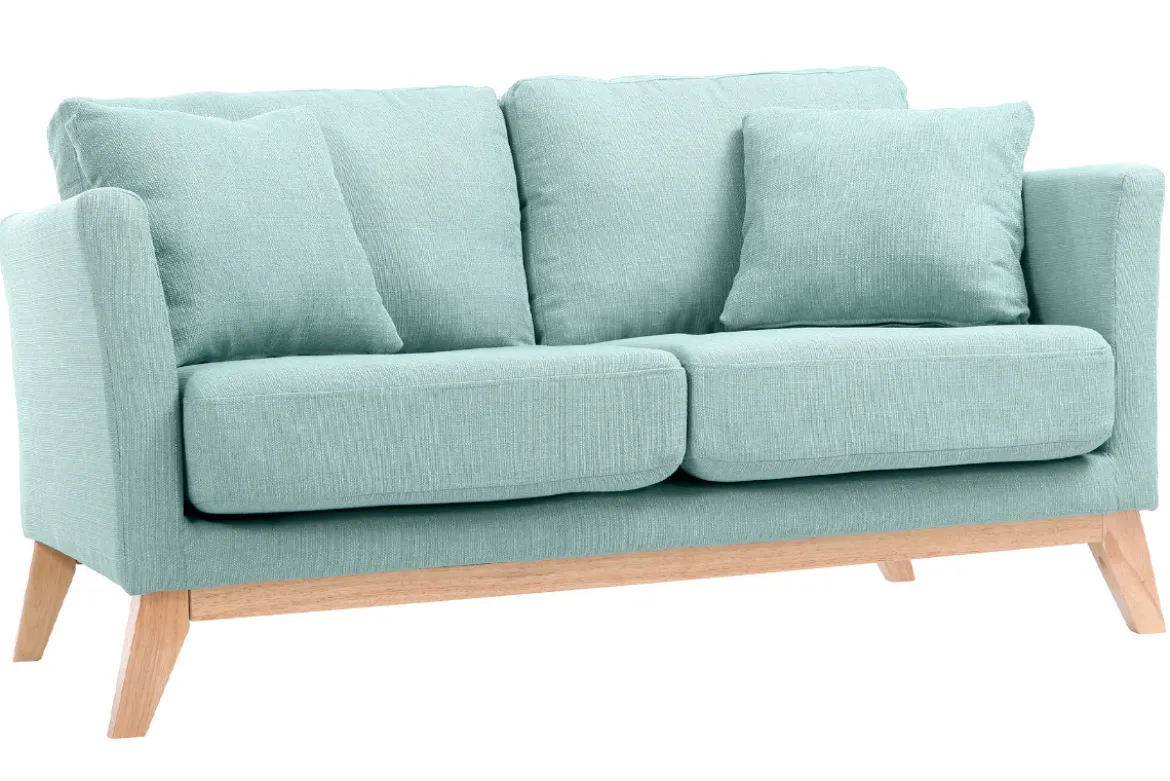 Canapé scandinave déhoussable 2 places en tissu vert lagon et bois clair OSLO