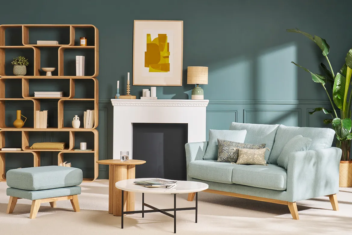 Canapé scandinave déhoussable 2 places en tissu vert lagon et bois clair OSLO