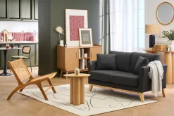 Canapé scandinave déhoussable 2 places en tissu gris foncé et bois clair OSLO