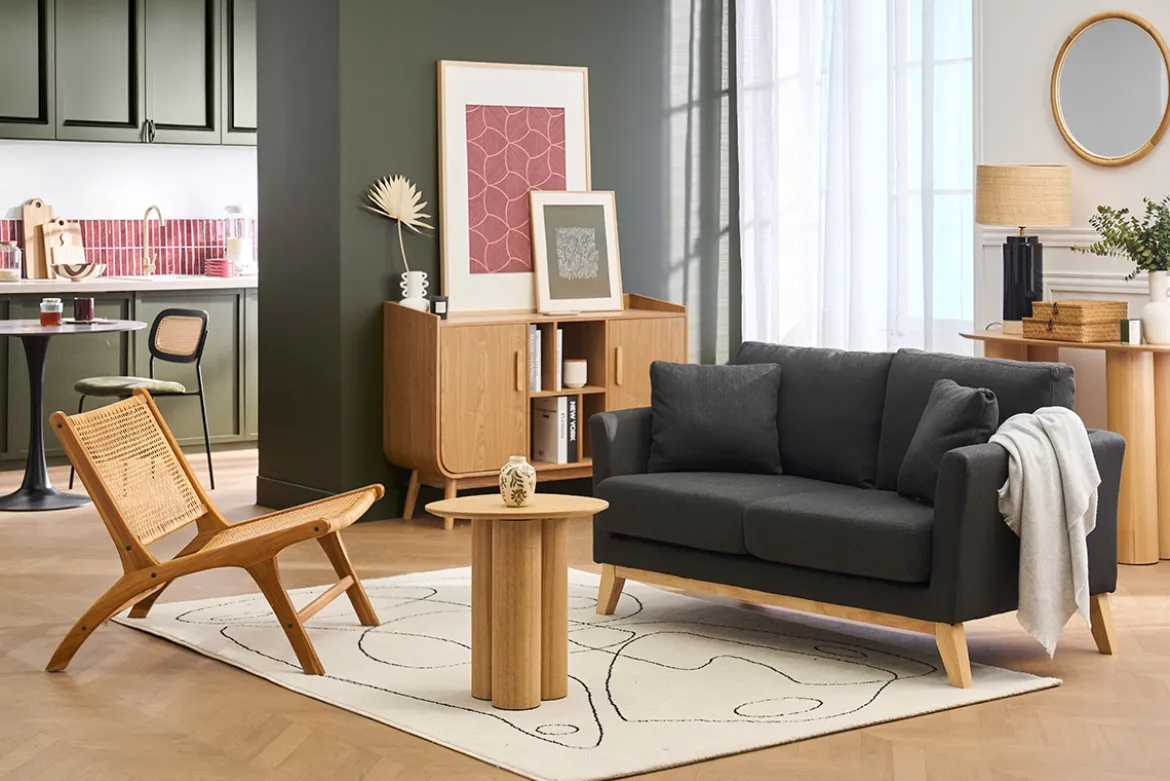 Canapé scandinave déhoussable 2 places en tissu gris foncé et bois clair OSLO