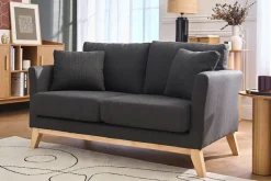Canapé scandinave déhoussable 2 places en tissu gris foncé et bois clair OSLO