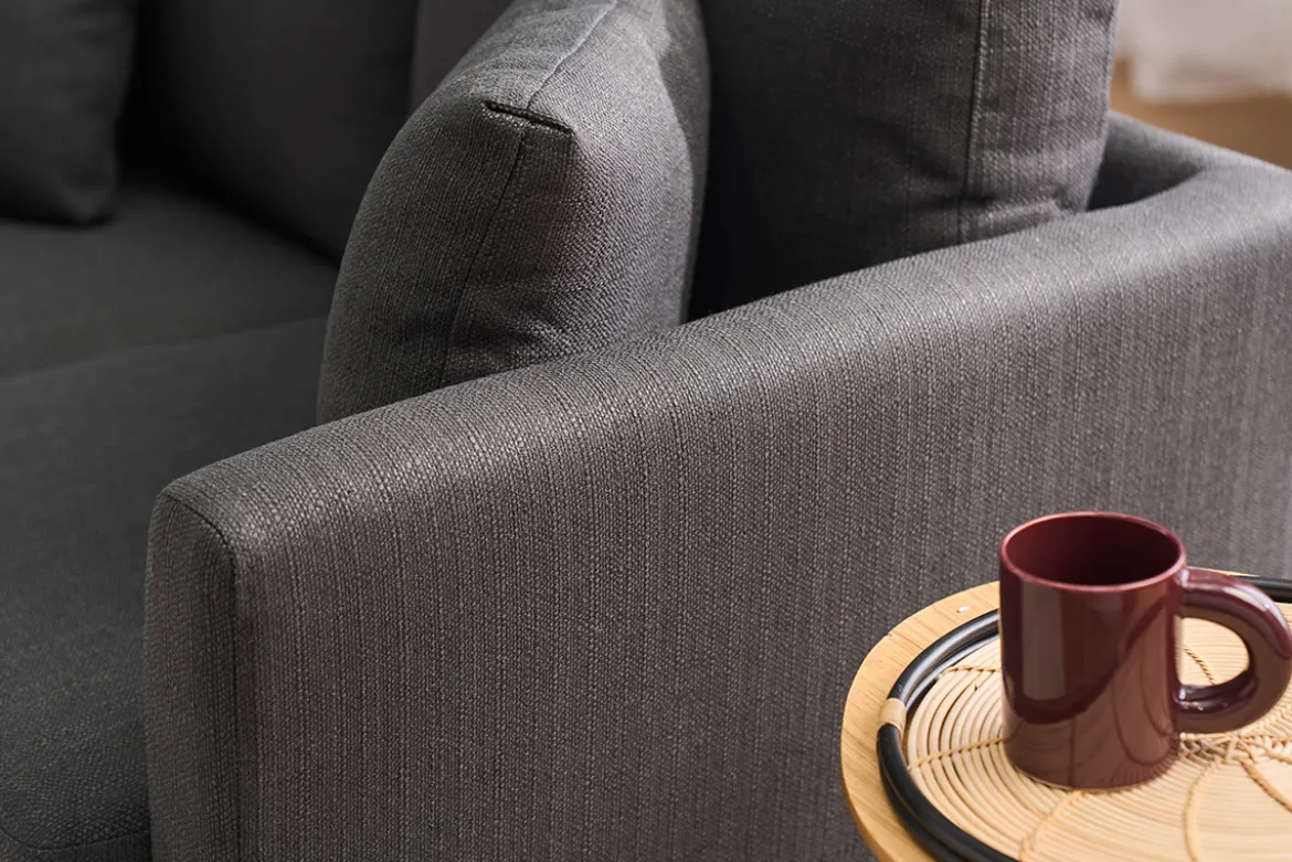 Canapé scandinave déhoussable 2 places en tissu gris foncé et bois clair OSLO