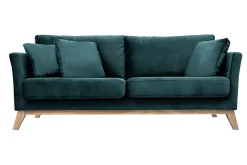 Canapé scandinave déhoussable 3 places en tissu velours bleu pétrole et bois clair OSLO