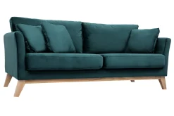 Canapé scandinave déhoussable 3 places en tissu velours bleu pétrole et bois clair OSLO