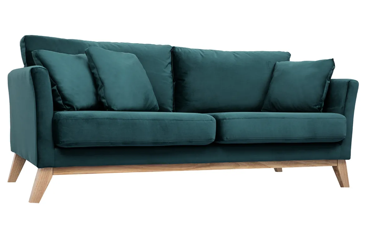 Canapé scandinave déhoussable 3 places en tissu velours bleu pétrole et bois clair OSLO