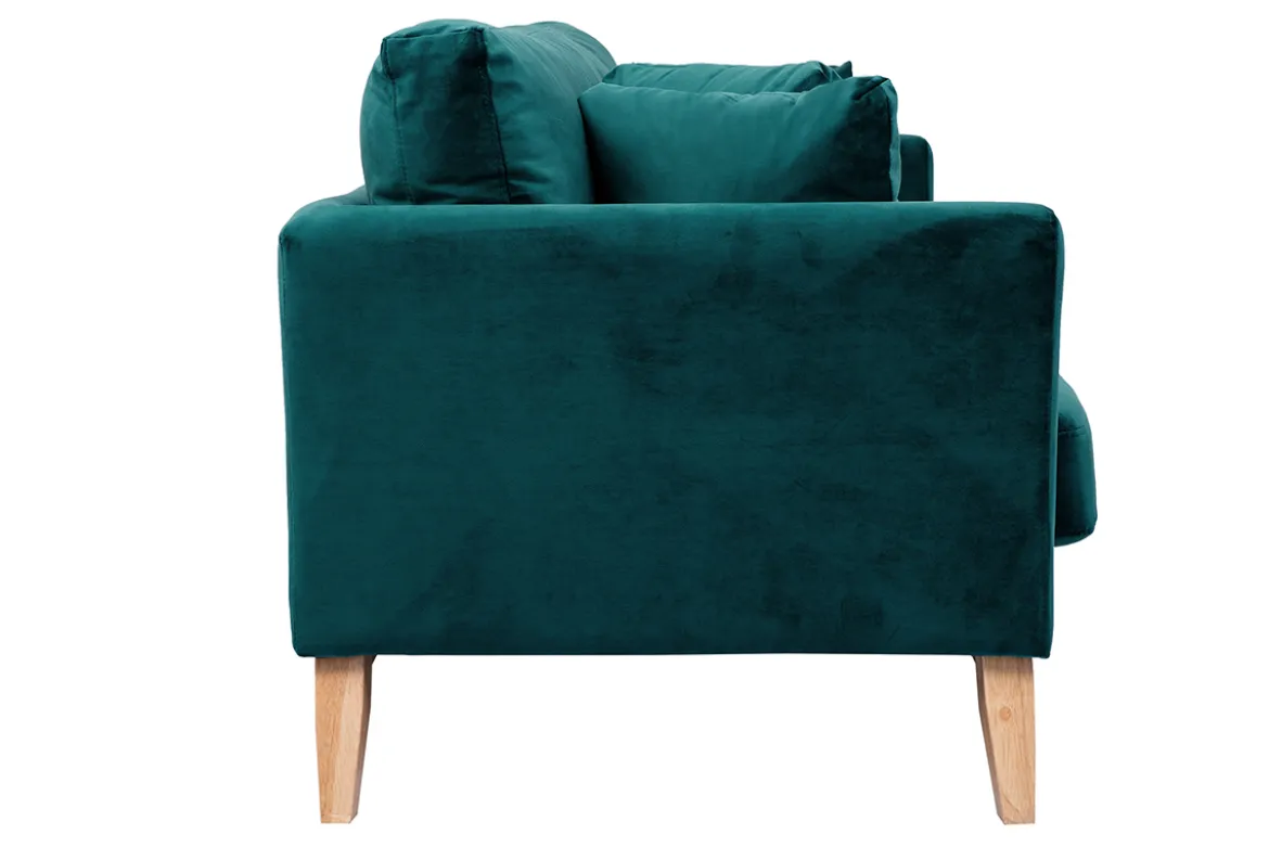 Canapé scandinave déhoussable 3 places en tissu velours bleu pétrole et bois clair OSLO