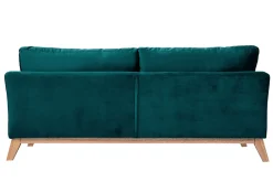 Canapé scandinave déhoussable 3 places en tissu velours bleu pétrole et bois clair OSLO
