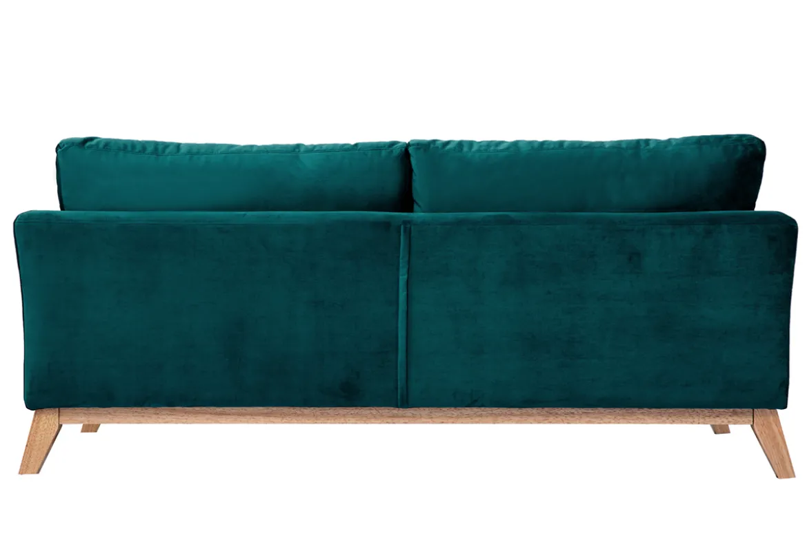 Canapé scandinave déhoussable 3 places en tissu velours bleu pétrole et bois clair OSLO