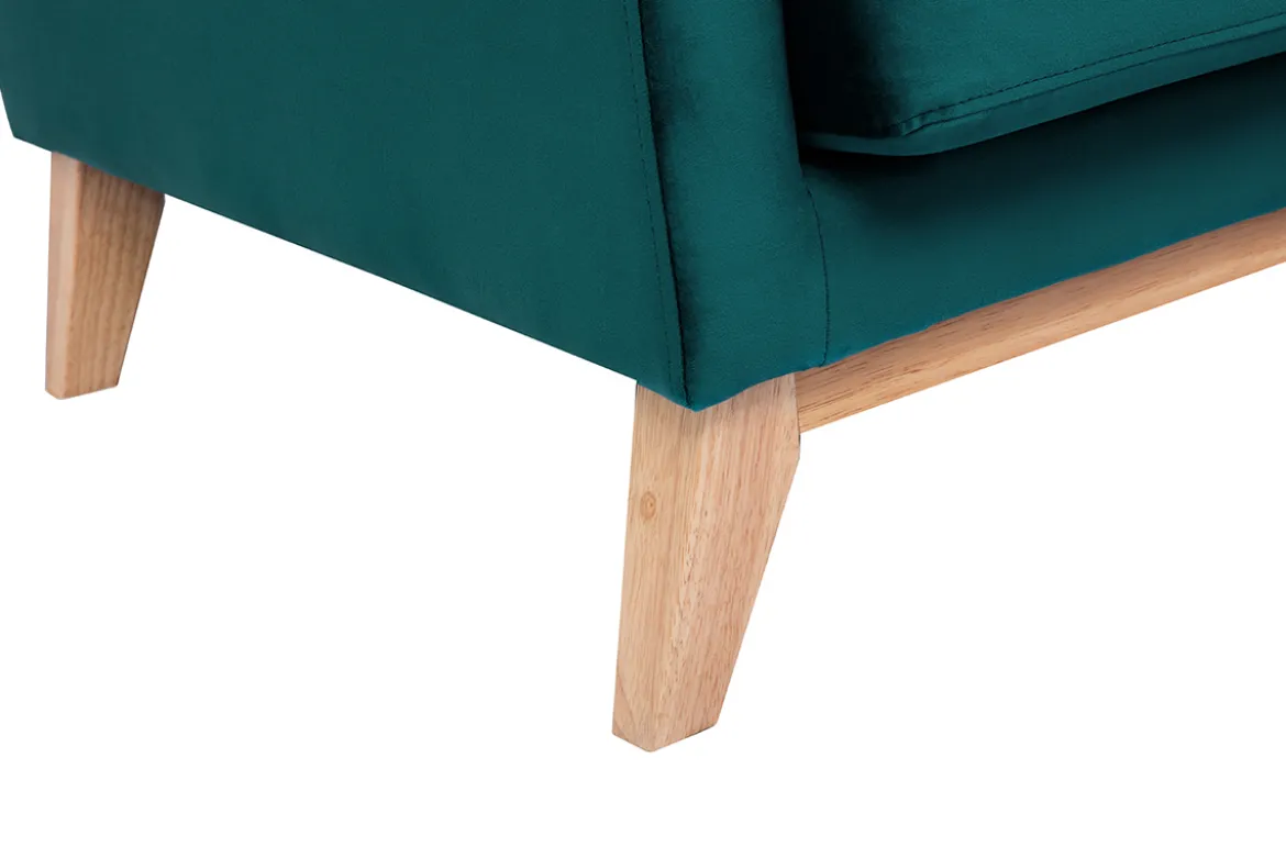Canapé scandinave déhoussable 3 places en tissu velours bleu pétrole et bois clair OSLO