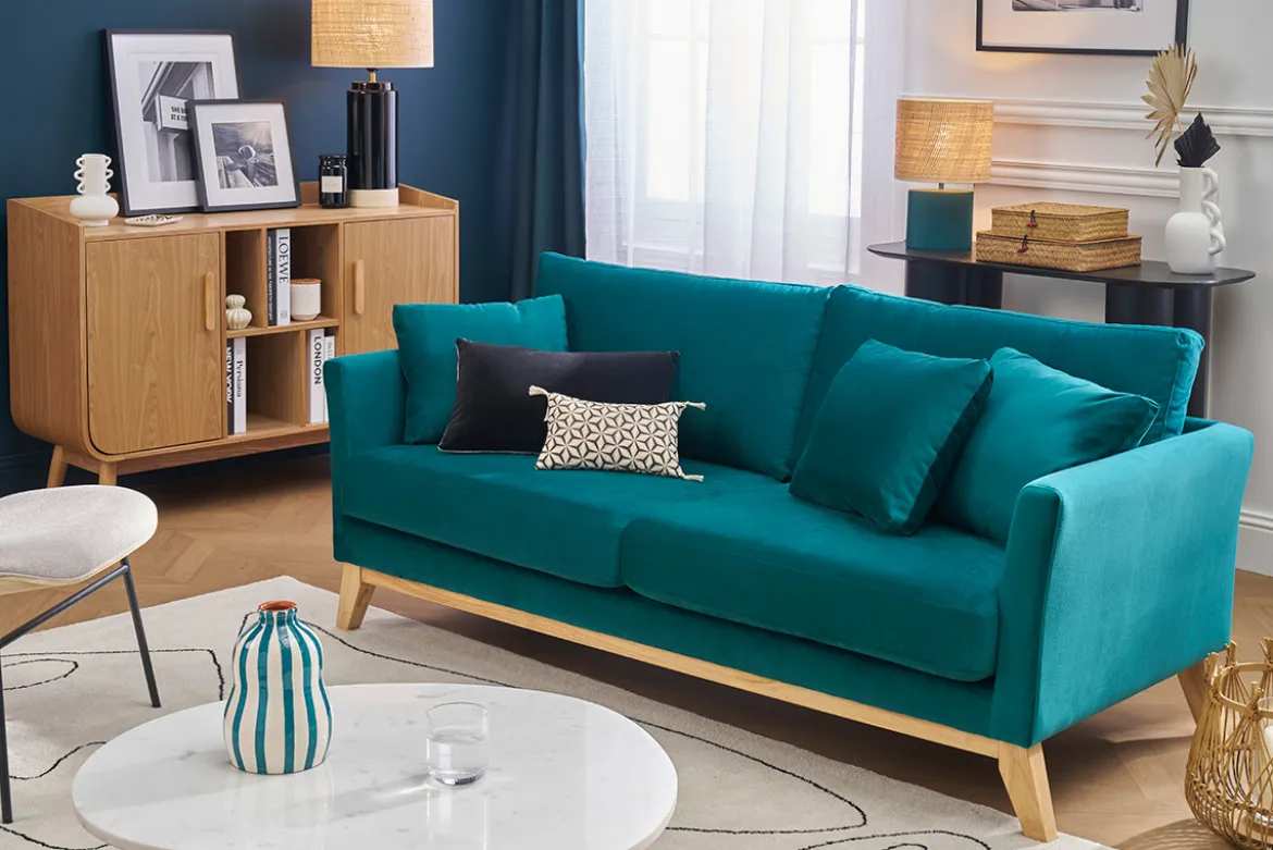 Canapé scandinave déhoussable 3 places en tissu velours bleu pétrole et bois clair OSLO