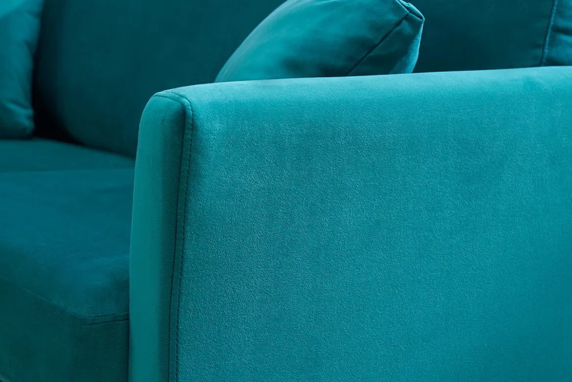 Canapé scandinave déhoussable 3 places en tissu velours bleu pétrole et bois clair OSLO