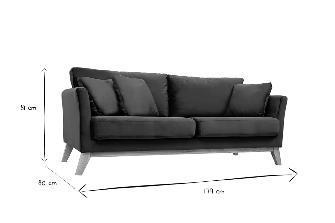 Canapé scandinave déhoussable 3 places en tissu velours bleu pétrole et bois clair OSLO