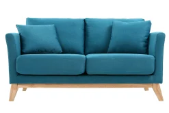 Canapé scandinave déhoussable 2 places en tissu bleu canard et bois clair OSLO