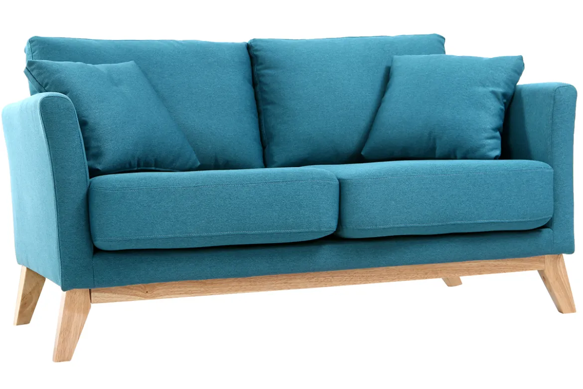 Canapé scandinave déhoussable 2 places en tissu bleu canard et bois clair OSLO