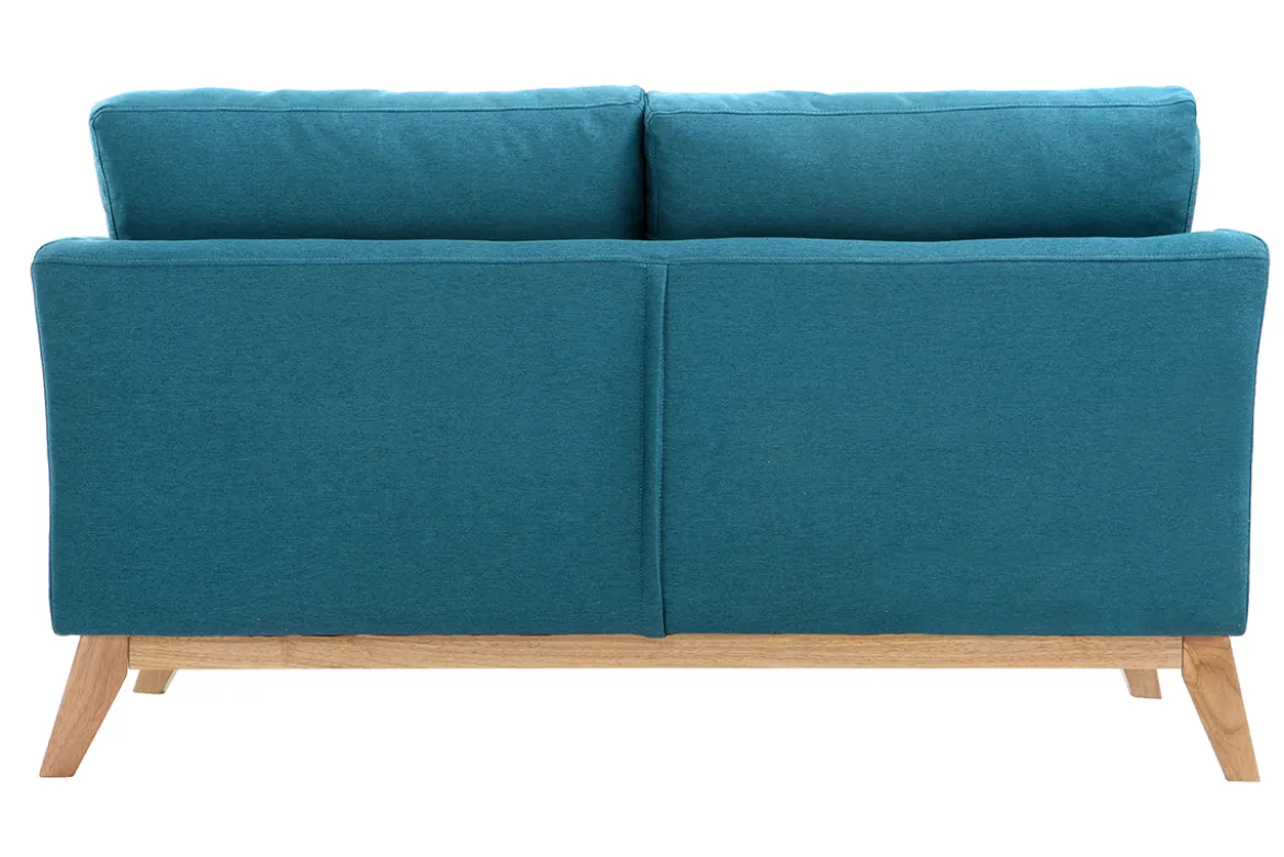 Canapé scandinave déhoussable 2 places en tissu bleu canard et bois clair OSLO