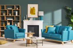 Canapé scandinave déhoussable 2 places en tissu bleu canard et bois clair OSLO