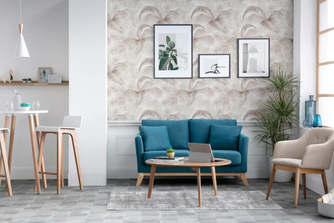 Canapé scandinave déhoussable 2 places en tissu bleu canard et bois clair OSLO