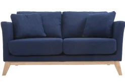 Canapé scandinave déhoussable 2 places en tissu bleu foncé et bois clair OSLO