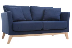 Canapé scandinave déhoussable 2 places en tissu bleu foncé et bois clair OSLO
