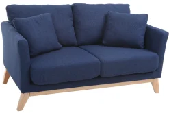 Canapé scandinave déhoussable 2 places en tissu bleu foncé et bois clair OSLO