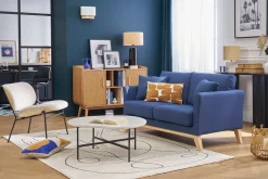 Canapé scandinave déhoussable 2 places en tissu bleu foncé et bois clair OSLO