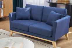 Canapé scandinave déhoussable 2 places en tissu bleu foncé et bois clair OSLO