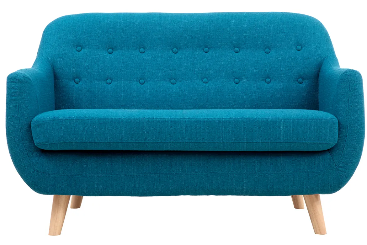 Canapé scandinave déhoussable 2 places en tissu bleu canard et bois clair YNOK