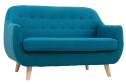 Canapé scandinave déhoussable 2 places en tissu bleu canard et bois clair YNOK