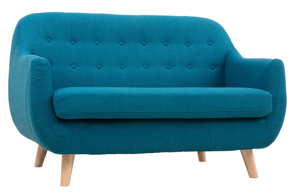 Canapé scandinave déhoussable 2 places en tissu bleu canard et bois clair YNOK