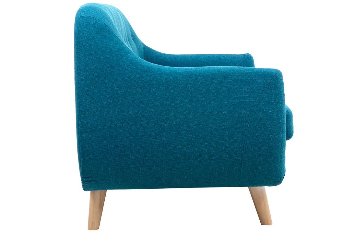 Canapé scandinave déhoussable 2 places en tissu bleu canard et bois clair YNOK
