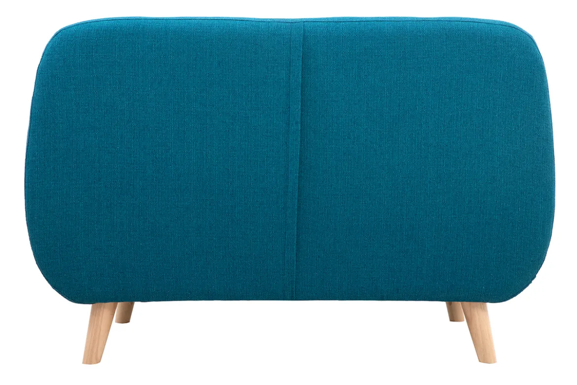 Canapé scandinave déhoussable 2 places en tissu bleu canard et bois clair YNOK