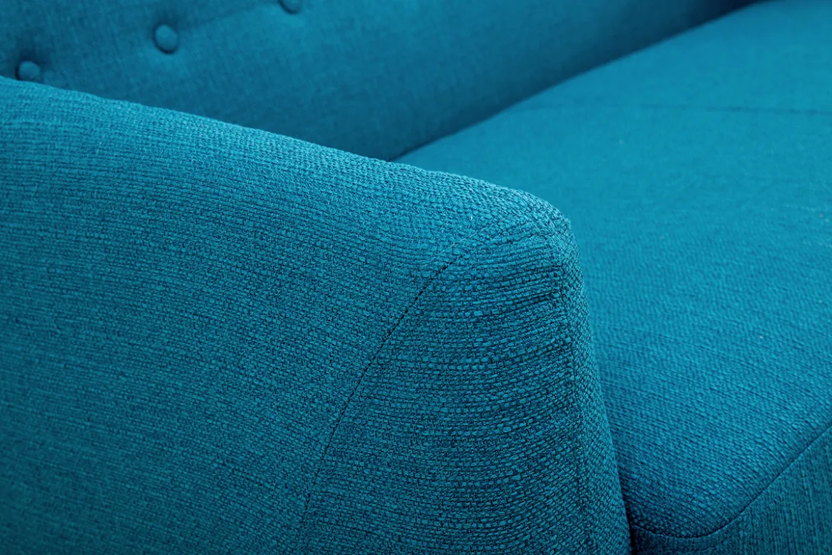 Canapé scandinave déhoussable 2 places en tissu bleu canard et bois clair YNOK