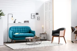 Canapé scandinave déhoussable 2 places en tissu bleu canard et bois clair YNOK