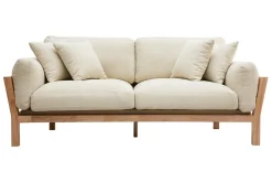Canapé scandinave déhoussable 3 places en tissu blanc crème et bois clair KYO