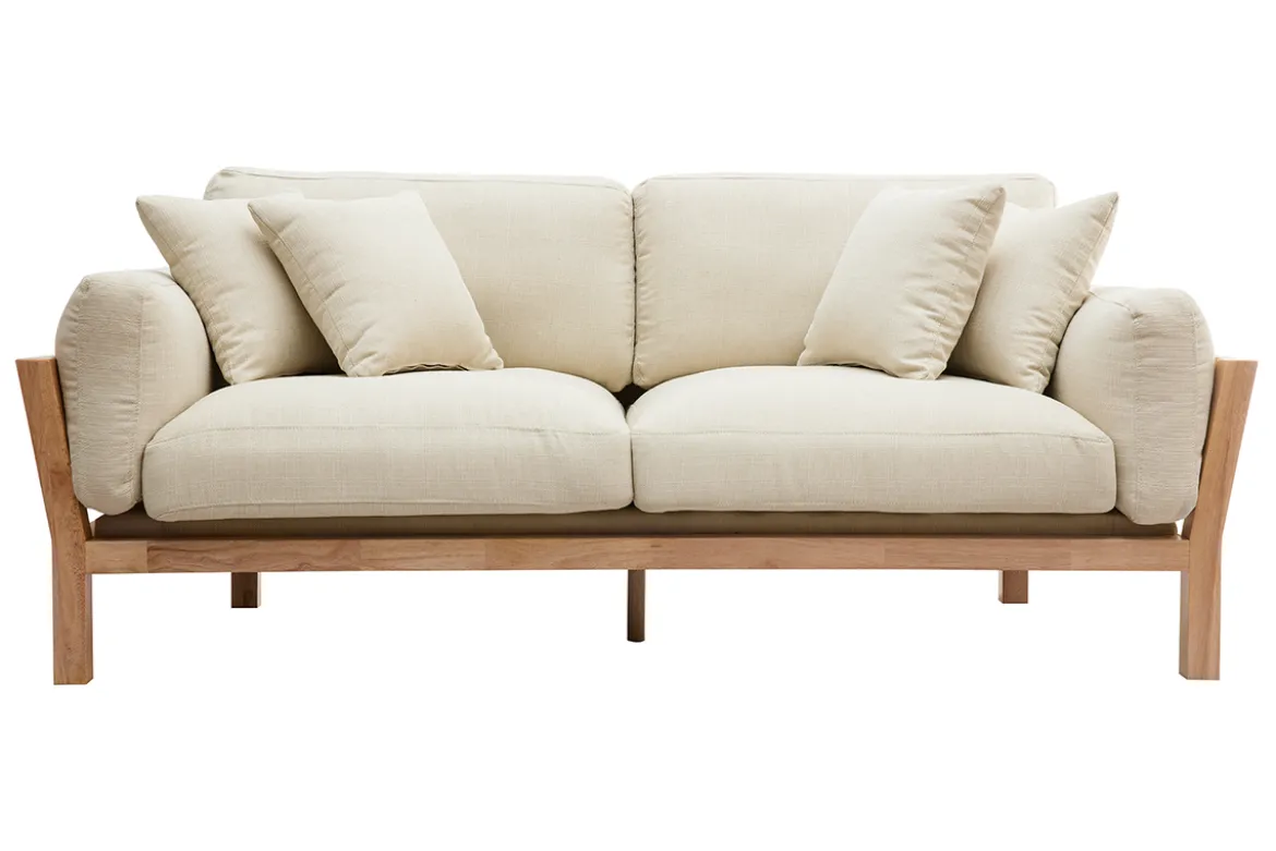Canapé scandinave déhoussable 3 places en tissu blanc crème et bois clair KYO