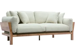 Canapé scandinave déhoussable 3 places en tissu blanc crème et bois clair KYO