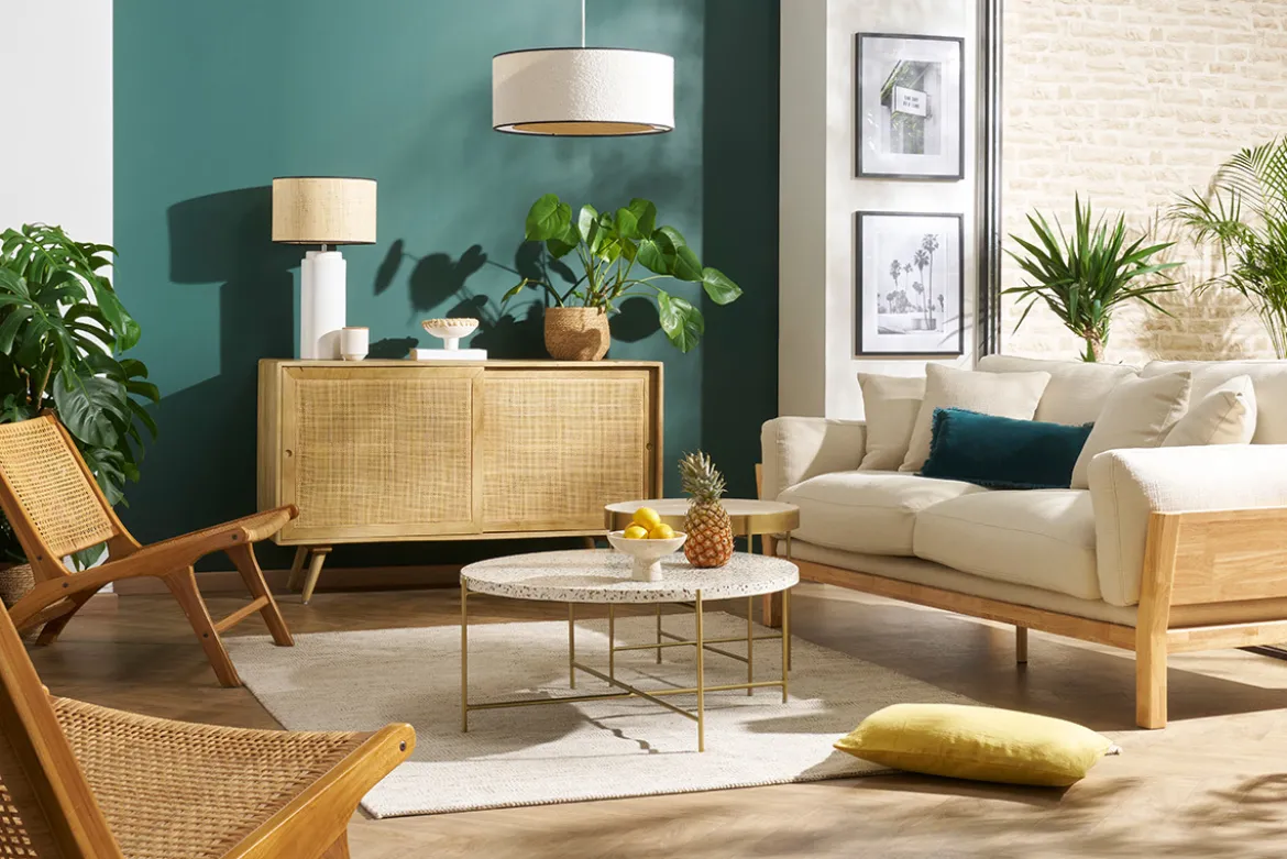 Canapé scandinave déhoussable 3 places en tissu blanc crème et bois clair KYO
