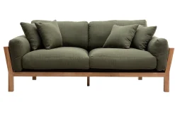 Canapé scandinave déhoussable 3 places en tissu vert kaki et bois clair KYO