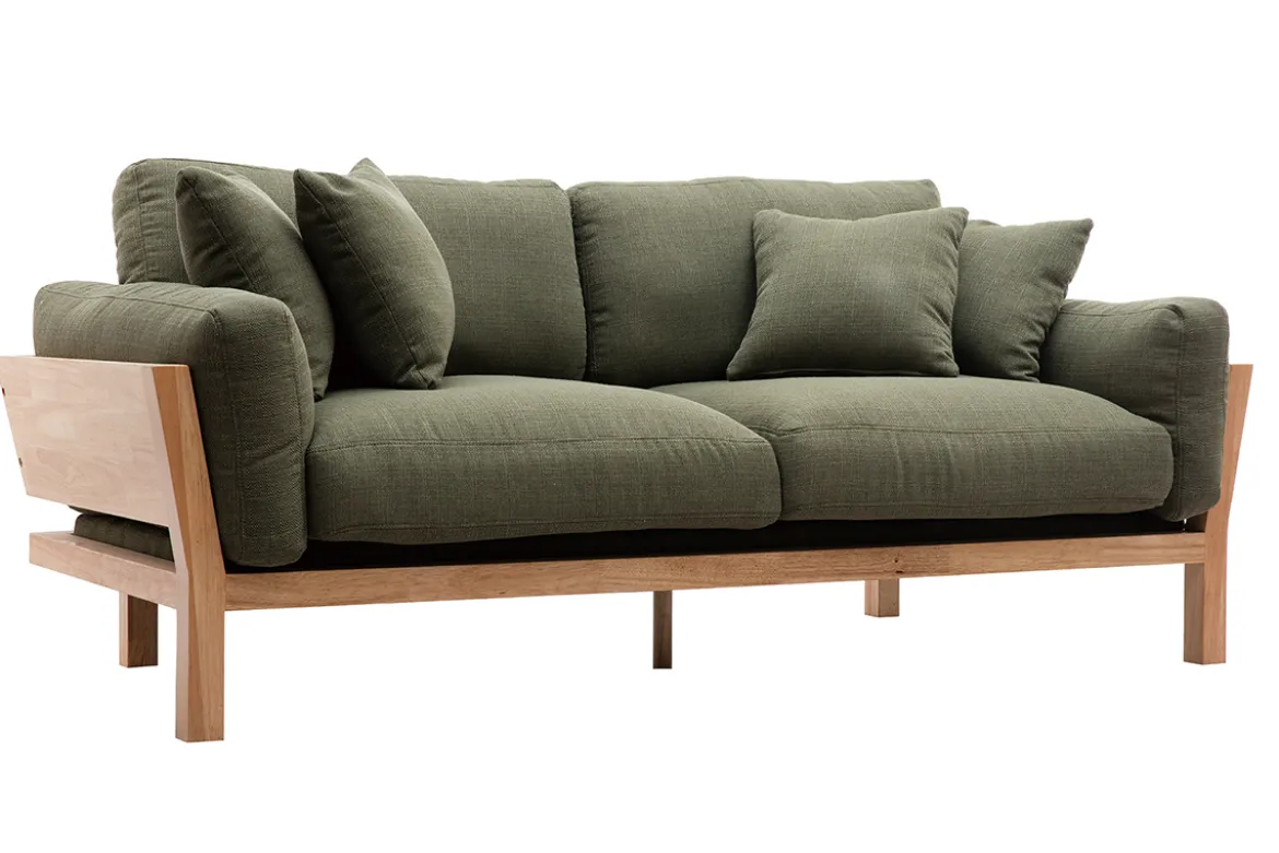 Canapé scandinave déhoussable 3 places en tissu vert kaki et bois clair KYO