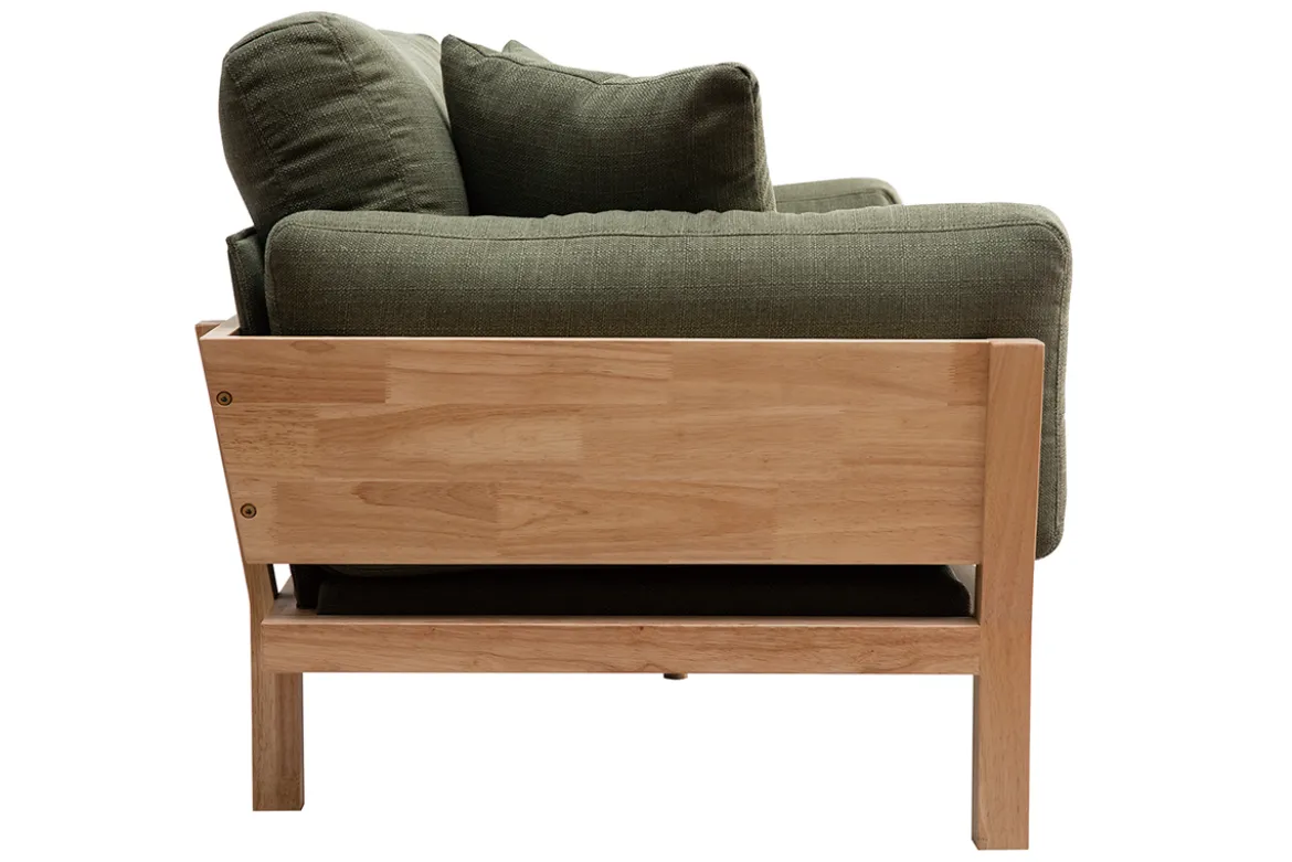 Canapé scandinave déhoussable 3 places en tissu vert kaki et bois clair KYO