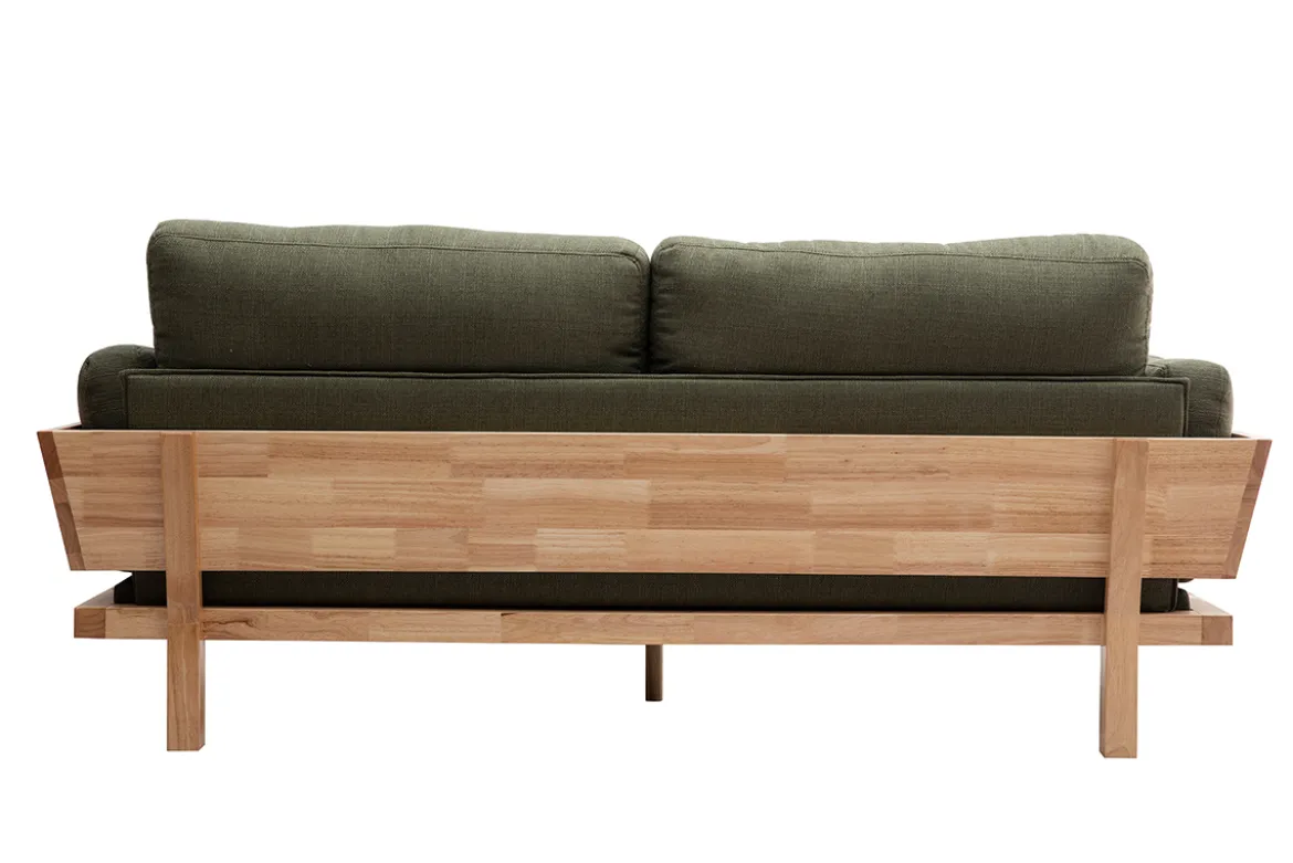 Canapé scandinave déhoussable 3 places en tissu vert kaki et bois clair KYO