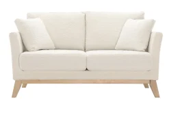 Canapé scandinave déhoussable 2 places en tissu effet laine bouclée blanc cassé et bois clair OSLO