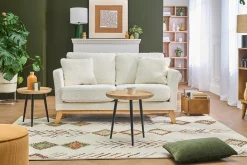 Canapé scandinave déhoussable 2 places en tissu effet laine bouclée blanc cassé et bois clair OSLO
