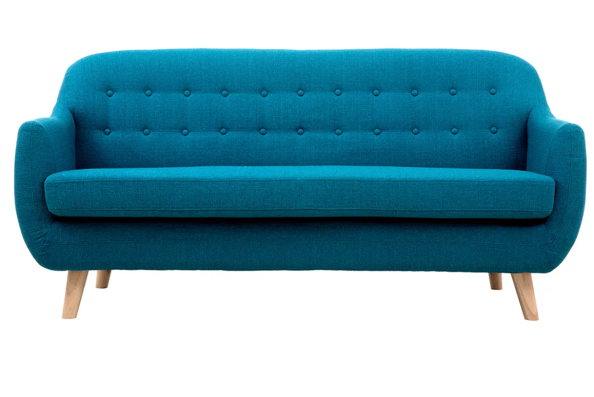 Canapé scandinave déhoussable 3 places en tissu bleu canard et bois clair YNOK
