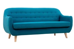 Canapé scandinave déhoussable 3 places en tissu bleu canard et bois clair YNOK