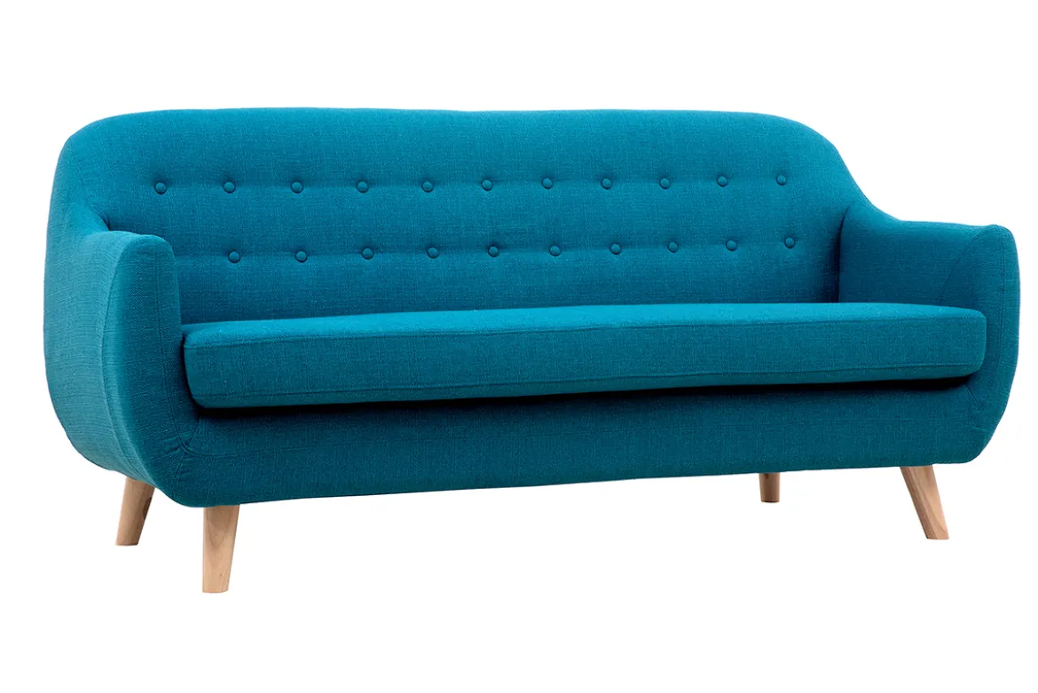 Canapé scandinave déhoussable 3 places en tissu bleu canard et bois clair YNOK